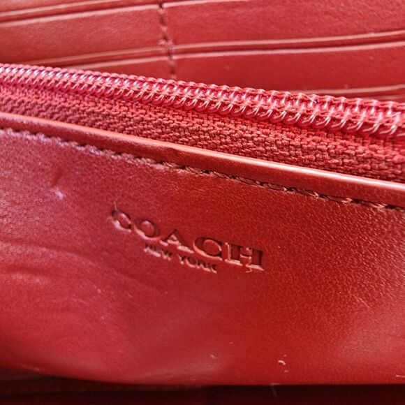 Coach Long Accordion Zip Around Wallet In Signature Canvas With Maroon Accent - Picture 7 of 10